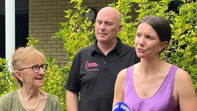 Lismore MP Janelle Saffin, left, Social Futures asset manager community housing Barrie Lowder and Minister for Housing and Homelessness Rose Jackson at Fromelles Manor in Lismore where the 30 unit complex will be converted into crisis accommodation.