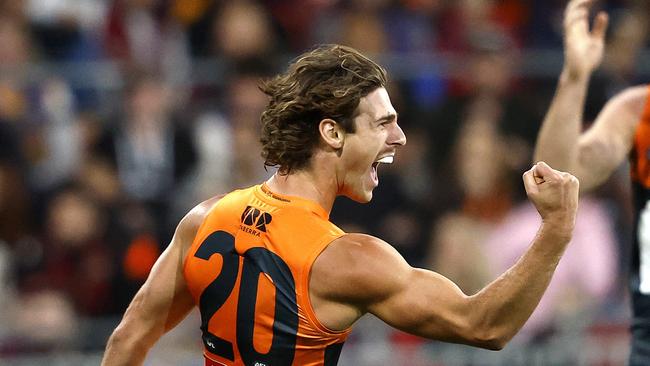 Giants James Peatling celebrates a goal during the AFL Semi Final match between the GWS Giants and Brisbane Lions at Engie Stadium on September 14, 2024. Photo by Phil Hillyard(Image Supplied for Editorial Use only - **NO ON SALES** - Â©Phil Hillyard )