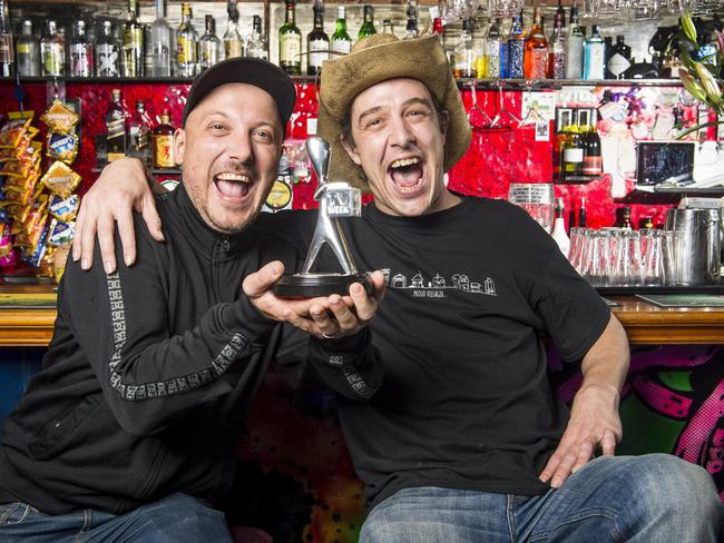 Samuel Johnson with his silver Logie at mate Richard Kruk’s pub before the theft. Picture: Eugene Hyland