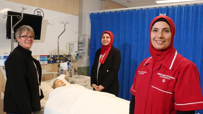 Pictured at the university’s nursing lab: The program’s co-creators and student Saja Chaabou, who has benefited from the program. Picture: Robert Pozo