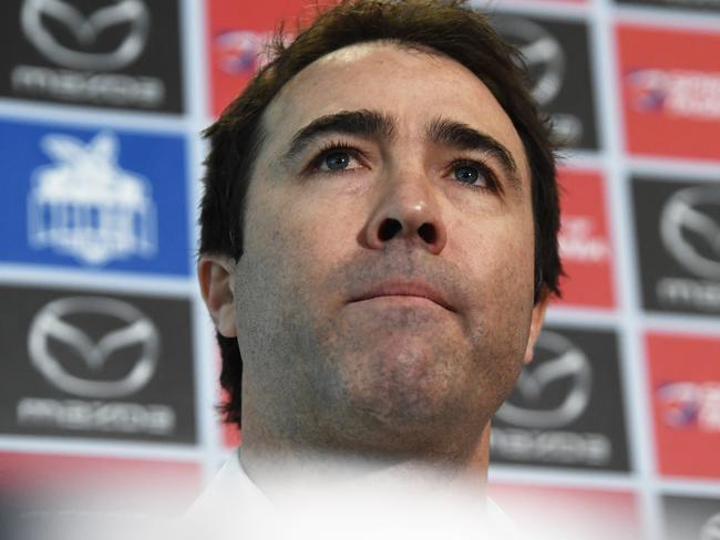 Head Coach of the North Melbourne Kangaroos Brad Scott speaks to the media at a press conference at Arden Street Oval, North Melbourne, Sunday, May 26, 2019. Scott has resigned as head coach. (AAP Image/James Ross) NO ARCHIVING