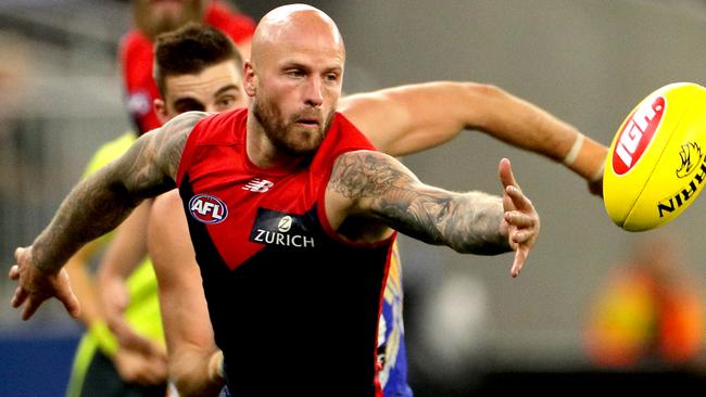 Nathan Jones of the Demons in action during the Round 9 AFL match between the West Coast Eagles and the Melbourne Demons at Optus Stadium in Perth, Friday, May 17, 2019.  (AAP Image/Richard Wainwright) NO ARCHIVING, EDITORIAL USE ONLY