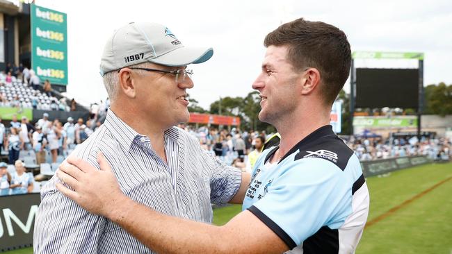 Prime Minister Scott Morrison with Cronulla Sharks halfback Chad Townsend.