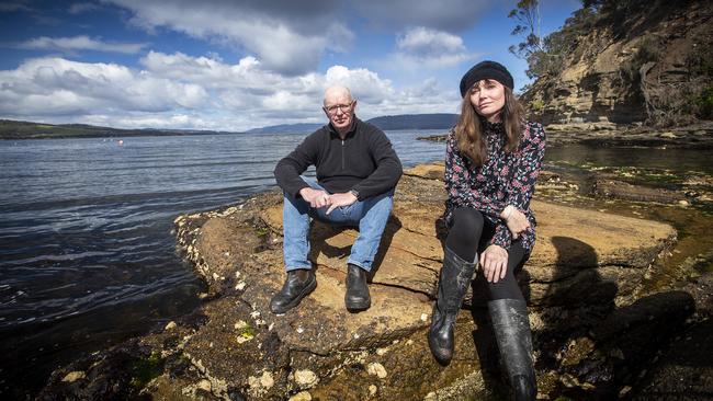 Bruny Island residents Gerard Castles and Essie Davis from Killora Community Association are concerned about the impact salmon farming is having on the environment in their area. Picture: LUKE BOWDEN