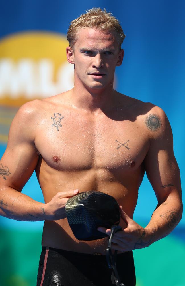 Cody Simpson leaves the pool after racing in the Mens 50m Butterfly final during the 2021 Australian Swimming Championships at the Gold Coast Aquatic Centre. Picture: Getty