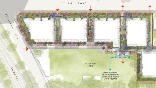 Plans for the four 8-storey towers and one at five storeys in height with 321 apartments were lodged by Austino Epping 2 Pty Ltd.