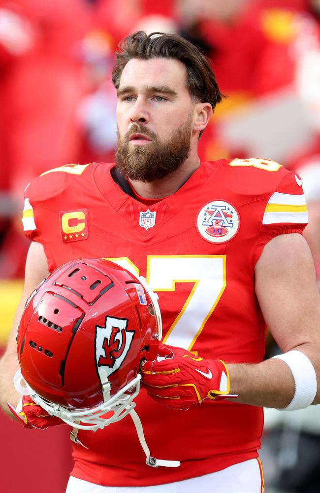 Travis Kelce, sporting a new look, warms up prior to the game. Picture: Getty Images via AFP