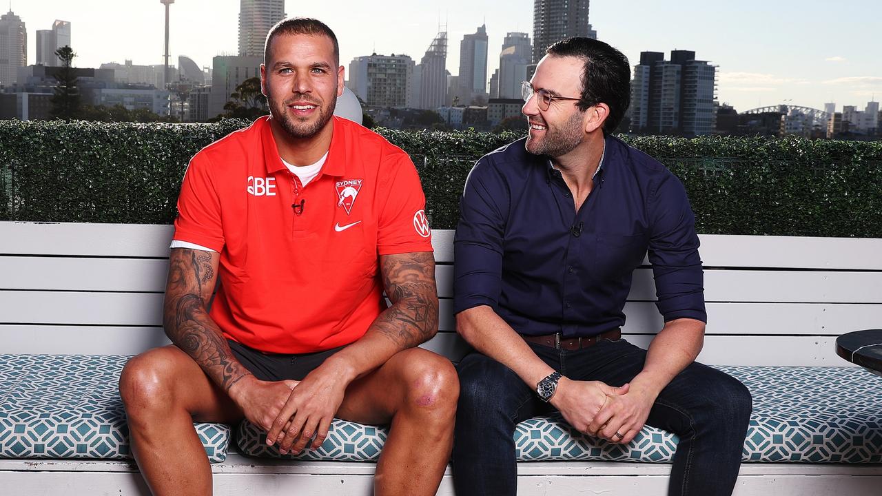 Hawthorn premiership teammates Lance Franklin, now a Sydney superstar, and Jordan Lewis speak together in Sydney as part of a Fox Footy special for Sir Doug Nicholls round a couple of years back. Pictures: FOX