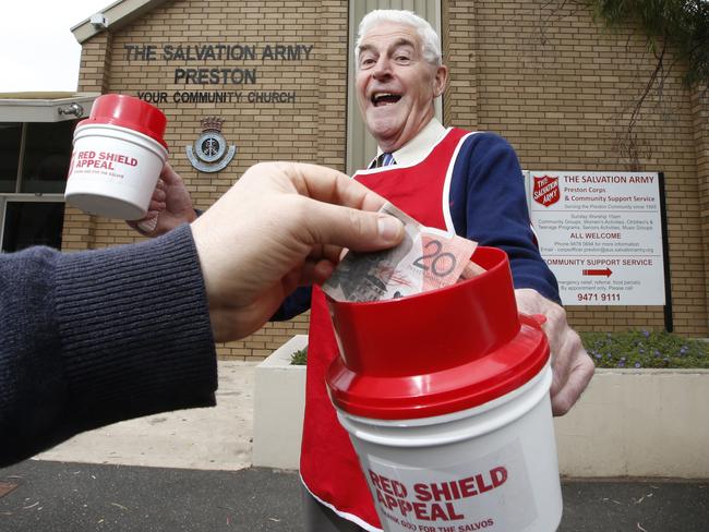 Alan Richmond, 78, has raised more than $1 million from tin rattling for the Salvos. Picture: David Caird