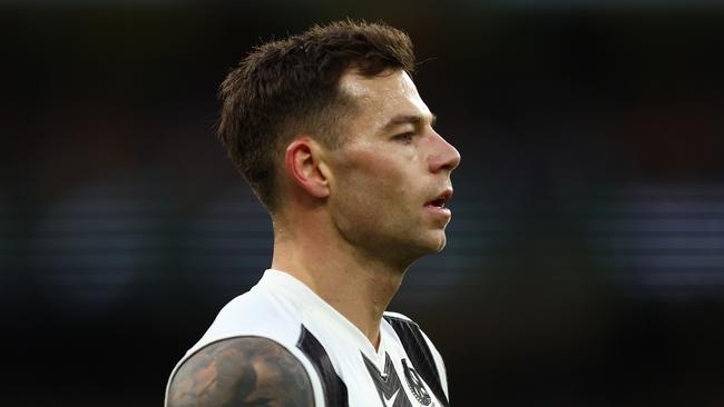 MELBOURNE, AUSTRALIA - JULY 20: Jamie Elliott of the Magpies looks on during the round 19 AFL match between Hawthorn Hawks and Collingwood Magpies at Melbourne Cricket Ground on July 20, 2024 in Melbourne, Australia. (Photo by Graham Denholm/AFL Photos/via Getty Images)