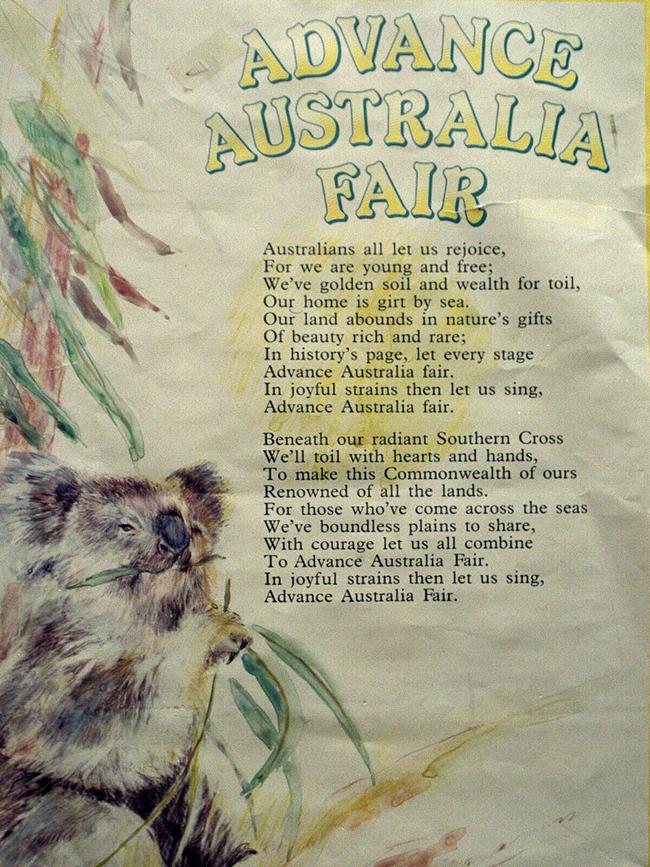 A poster showing the lyrics of national anthem Advance Australia Fair.