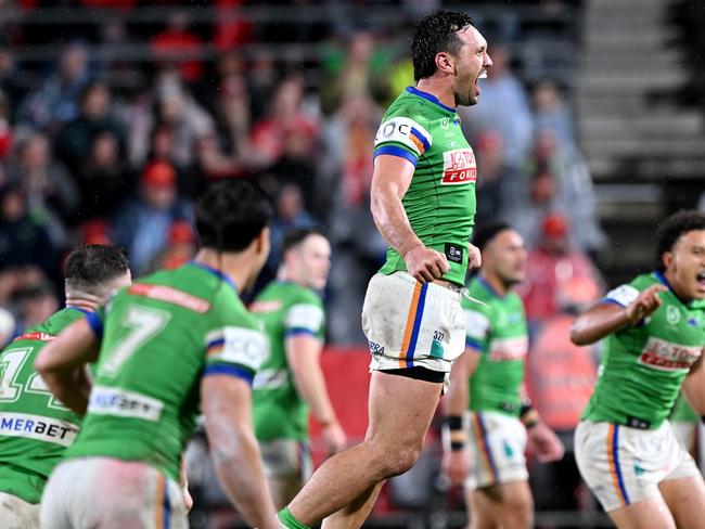 BRISBANE, AUSTRALIA - JUNE 01: Jordan Rapana of the Raiders celebrates victory after kicking the winning field goal in golden point extra time during the round 13 NRL match between Dolphins and Canberra Raiders at Suncorp Stadium, on June 01, 2024, in Brisbane, Australia. (Photo by Bradley Kanaris/Getty Images)