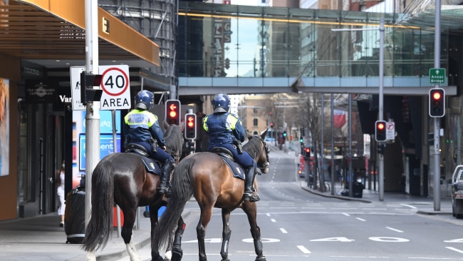 Mounted police officers patrol areas of the CBD on July 31, 2021 in Sydney, Australia. An exclusion zone is in place for Sydney's central business district to discourage anti-lockdown protesters from gathering. Picture: Getty
