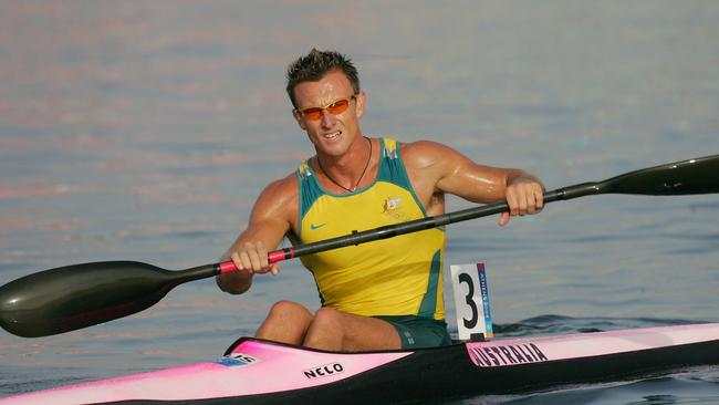 ATHENS - AUGUST 27:  Nathan Baggaley of Australia competes during the men's K-1 class 1,000 metre final on August 27, 2004 during the Athens 2004 Summer Olympic Games at the Schinias Olympic Rowing and Canoeing Centre in Athens, Greece. (Photo by Stuart Franklin/Getty Images)