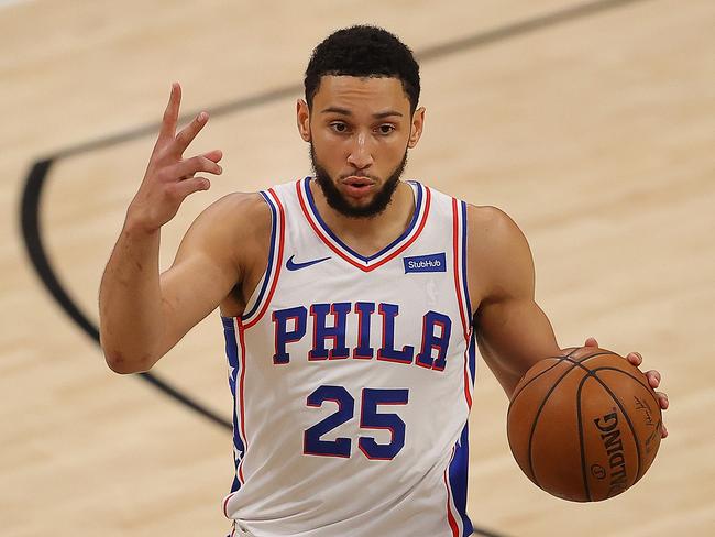 ATLANTA, GEORGIA - JUNE 18:  Ben Simmons #25 of the Philadelphia 76ers calls out a play against the Atlanta Hawks during the first half of game 6 of the Eastern Conference Semifinals at State Farm Arena on June 18, 2021 in Atlanta, Georgia.  NOTE TO USER: User expressly acknowledges and agrees that, by downloading and or using this photograph, User is consenting to the terms and conditions of the Getty Images License Agreement. (Photo by Kevin C. Cox/Getty Images)