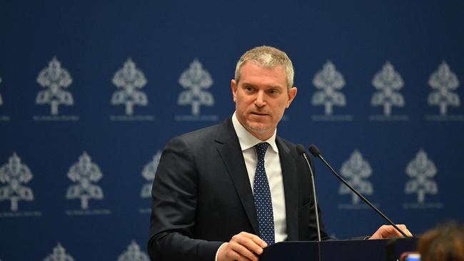 Spokesman for the Vatican, Matteo Bruni, speaks to the press following the announcement of the death of former Pope Benedict XVI. Picture: AFP