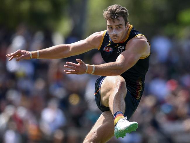 ADELAIDE, AUSTRALIA - MARCH 02:  Riley Thilthorpe of the Crows kicks during the 2024 AFL Community Series match between Adelaide Crows and West Coast Eagles at Hisense Stadium on March 02, 2024 in Adelaide, Australia. (Photo by Mark Brake/Getty Images)