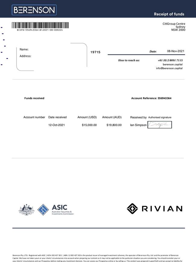 He also transferred $20,000 to Berenson Capital. Picture: supplied