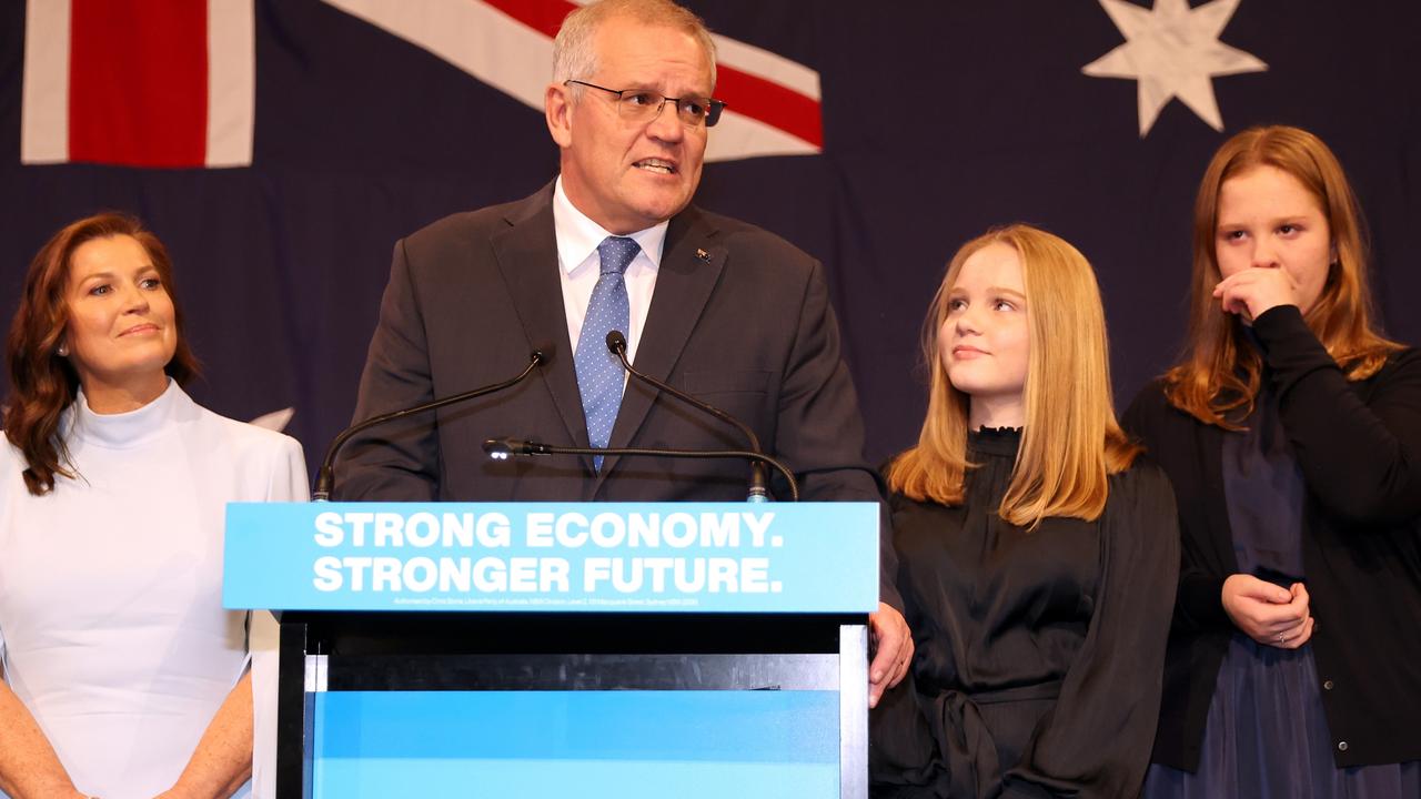 Beaten Prime Minister Scott Morrison on stage with his family. Picture: Asanka Ratnayake/Getty Images