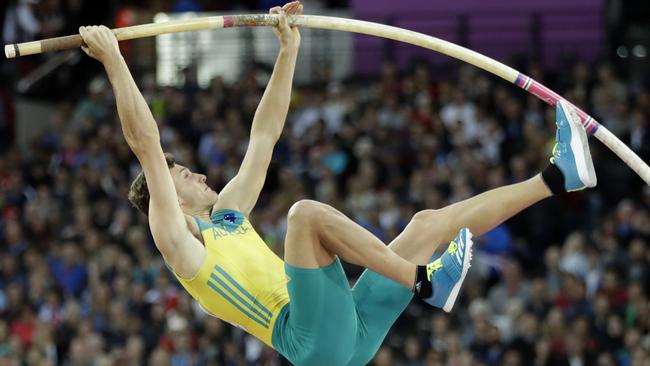 Australia's Kurtis Marschall makes an attempt in the men's pole vault final during the World Athletics Championships in London Tuesday, Aug. 8, 2017. (AP Photo/Matthias Schrader)