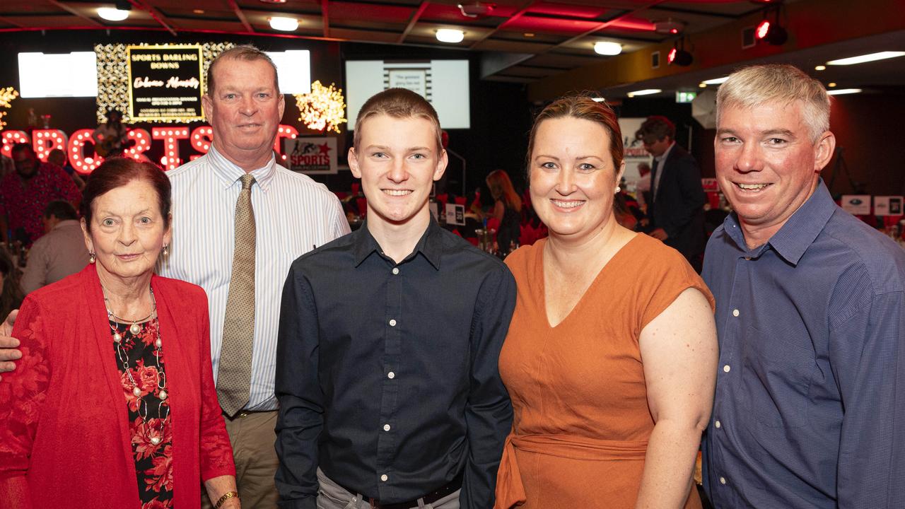 At Sports Darling Downs presentation dinner are (from left) Joan Ramsey, Justin Ramsey, Seaton Robinson, Nichole Robinson and Luke Robinson at Rumours International, Saturday, February 1, 2025. Picture: Kevin Farmer