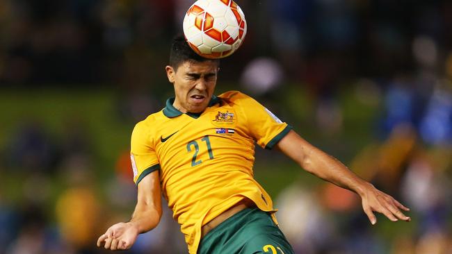 NEWCASTLE, AUSTRALIA - JANUARY 27: Massimo Luongo of Australia heads the ball during the Asian Cup Semi Final match between the Australian Socceroos and the United Arab Emirates at Hunter Stadium on January 27, 2015 in Newcastle, Australia. (Photo by Brendon Thorne/Getty Images)