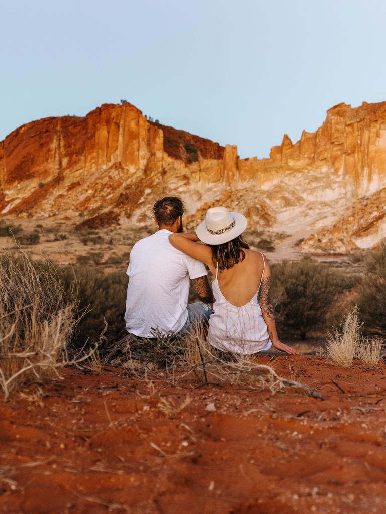 Rainbow Valley, 75km south of Alice Springs, is renowned for its sandstone bluffs and cliffs with bands of different coloured rock. Picture: Jess Caldwell &amp; Luke Riddle.