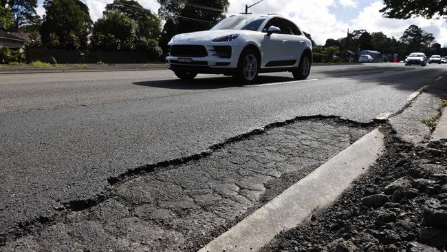 A pothole on Warringah Rd, Forestville in April, 2022. Picture: Tim Hunter.