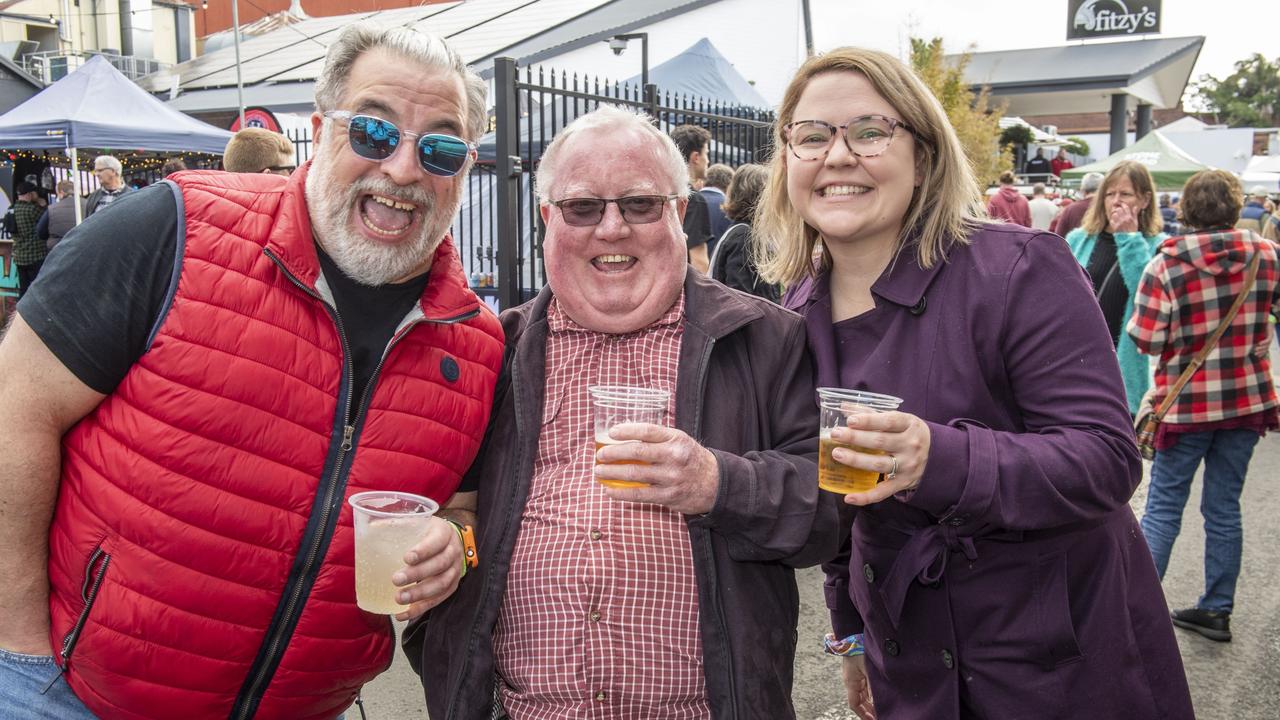 (from left) Kevin Creed, Peter Hardwick and Eloise Quinlivan at Brewoomba craft beer festival, Fitzy's. Saturday, August 13, 2022. Picture: Nev Madsen.