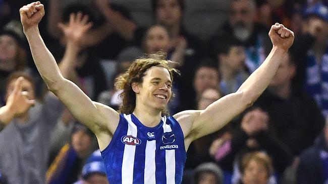 Ben Brown raises his arms after kicking his 10th goal. Picture: Getty Images