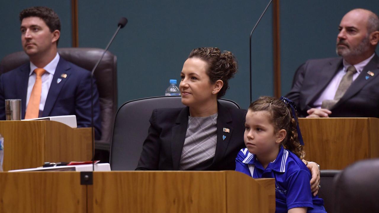 Opposition leader Lia Finocchiaro with her daughter and team in parliament for the first day of sittings. Ms Finocchiaro has again called for the reintroduction of breach of bail as an offence for children. Picture: (A)manda Parkinson