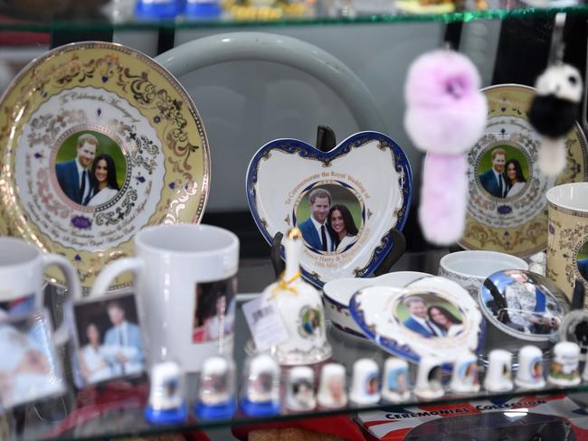 Royal memorabilia featuring Britain's Prince Harry, Duke of Sussex, and Meghan, Duchess of Sussex is displayed in a souvenir shop in Windsor, west of London. Picture: AFP