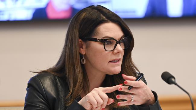 Senator Sarah Hanson-Young during the Social Media Committee at Parliament House in Canberra. Picture: NewsWire / Martin Ollman