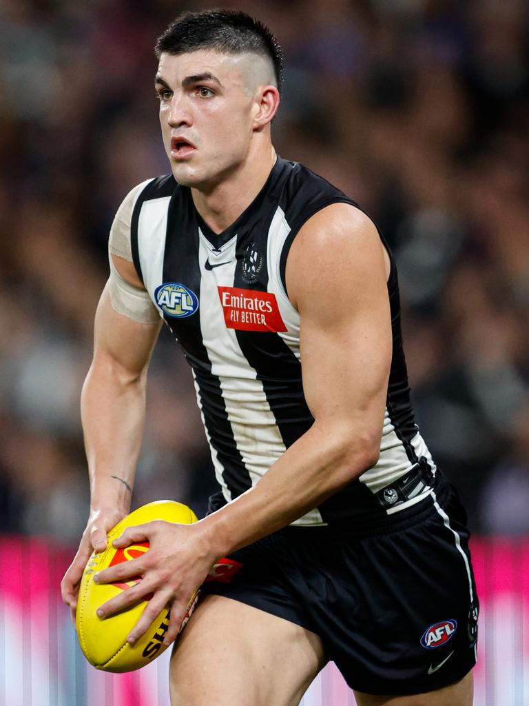 Maynard, playing for the Collingwood Magpies against the Adelaide Crows at Melbourne Cricket Ground on May 31, thanked his De La Salle College teachers for shaping his future. Picture: Dylan Burns/AFL Photos via Getty Images