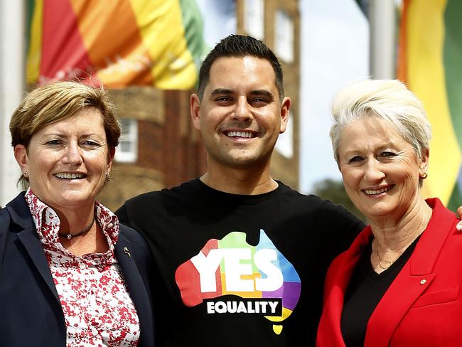 Independent MP for Sydney, Alex Greenwich pictured with Christine Forster and Kerryn Phelps at Taylor Square in Darlinghurst. Picture: John Appleyard