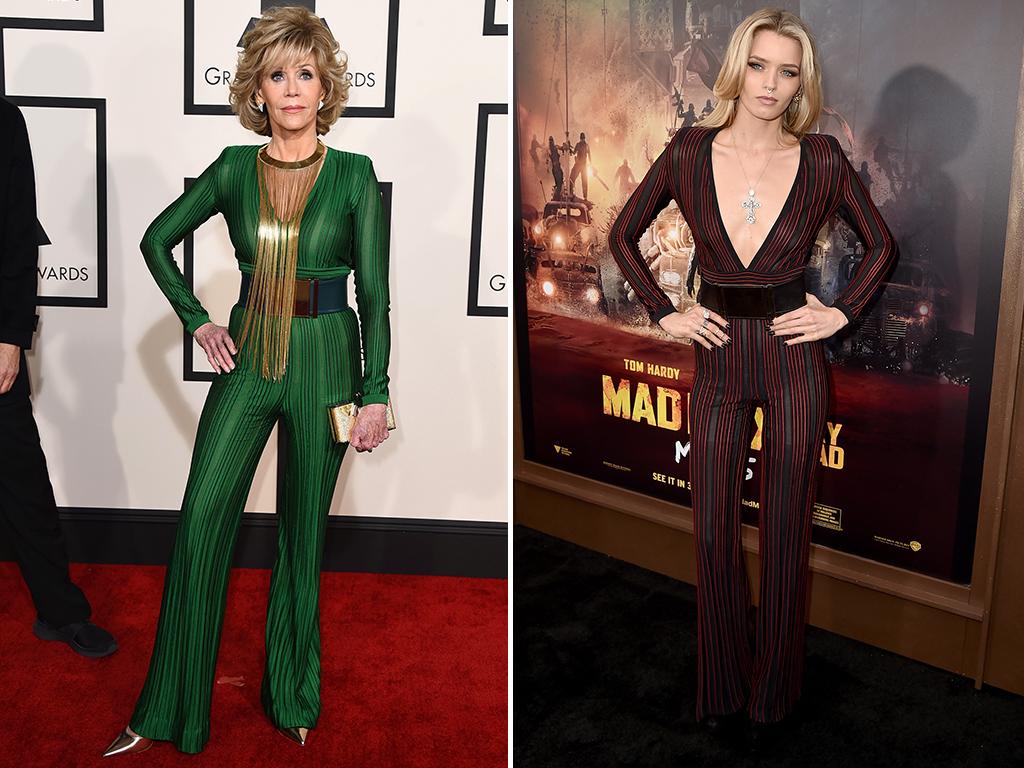 Who wore it better? Jane Fonda Abbey and Lee Kershaw wear the same Balmain jumpsuit to the Grammys and to Mad Max: Fury Road’s LA premier. Picture: Getty