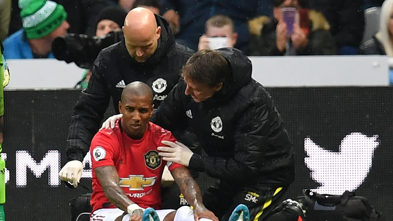 Ashley Young suffered an injury in the loss. Picture: Paul Ellis/AFP