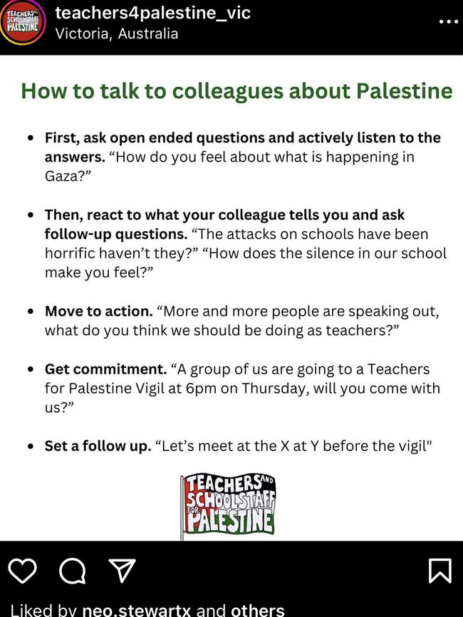 Teachers 4 Palestine Victoria have shared instructions on how teachers can talk to their colleagues about Palestine. Picture: Instagram / teachers4palestine_vic