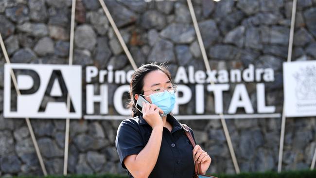 A nurse is seen leaving the Princess Alexandra (PA) Hospital in Brisbane. A doctor and a nurse at the hospital are connected to a growing covid cluster which forced greater Brisbane into lockdown. Picture: NCA NewsWire / Dan Peled