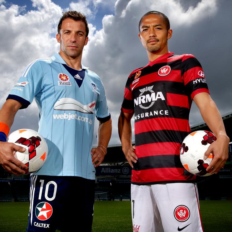 Alessandro Del Piero and Shinji Ono in 2013, when the A-League was a headline act. Picture: Gregg Porteous