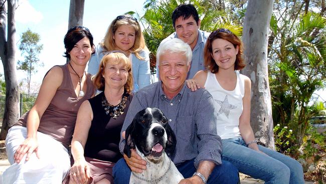 Bob Katter relaxes with his wife Susie, and daughters from left, Eliza Nioa, Caroline Coupland and Olivia Katter, son Robbie and family dog Winston at home in Charters Towers in 2004. Picture: Michael Chambers.