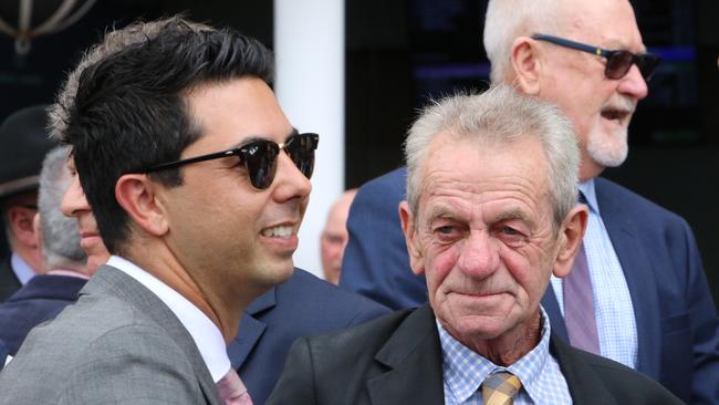 Trainers Gerald Ryan (right) and Sterling Alexiou are hoping it's third time lucky for Dare To Fly at Wyong. Picture: Grant Guy