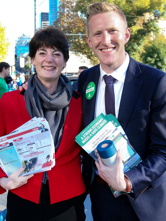 Higgins Labor candidate Fiona McLeod and Greens candidate Jason Ball on polling day. Picture: Ian Currie