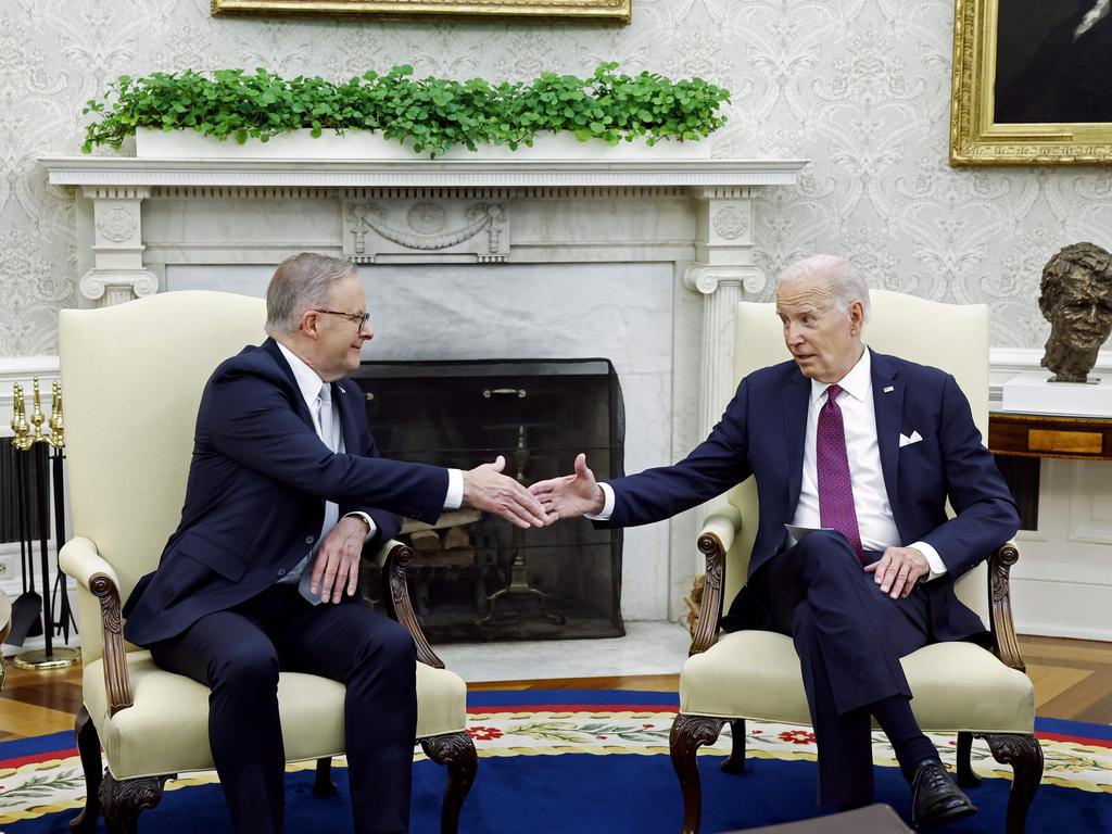 Biden and Albanese shake hands in the Oval Office at the White House on October 25. Nuclear submarines were expected to be on the agenda. Picture: Anna Moneymaker/Getty Images