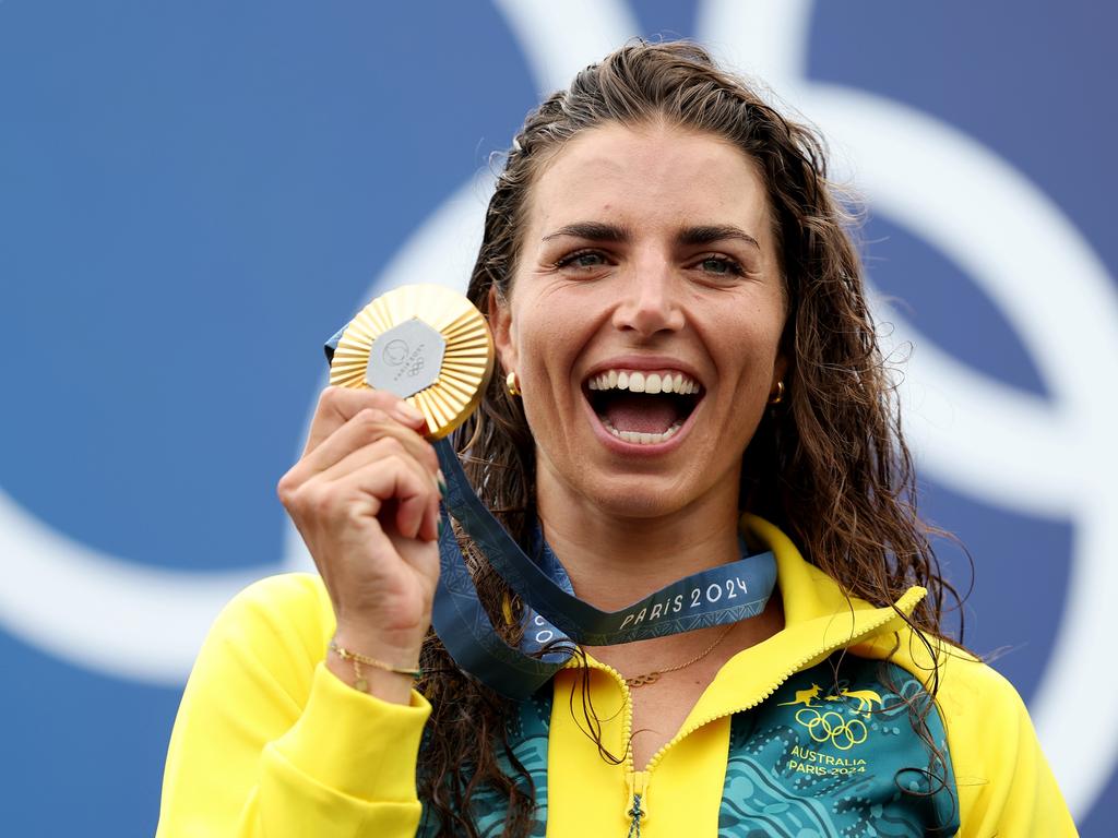 Gold medalist Jessica Fox on the podium during the Women's Canoe Slalom Single medal ceremony. Picture: Justin Setterfield/Getty Images