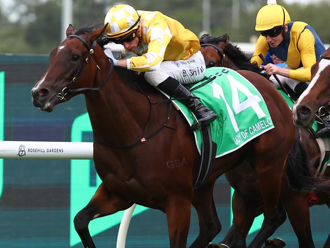 SYDNEY, AUSTRALIA - MARCH 23: Blake Shinn riding  Lady Of Camelot wins Race 8 Golden Slipper during the Golden Slipper Day - Sydney Racing at Rosehill Gardens on March 23, 2024 in Sydney, Australia. (Photo by Jeremy Ng/Getty Images)