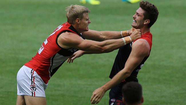 Nick Riewoldt clearly hadn’t forgotten his run-in with Tom Bugg when they met again in the pre-season comp the next year. Picture: Wayne Ludbey