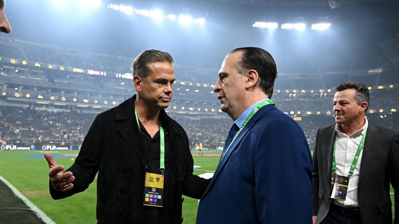 LAS VEGAS, NEVADA – MARCH 02: Lachlan Murdoch and Peter V’landys. Allegiant Stadium round one, NRL match between Manly Sea Eagles and South Sydney Rabbitohs at Allegiant Stadium, on March 02, 2024, in Las Vegas, Nevada. Picture: NRL Photos