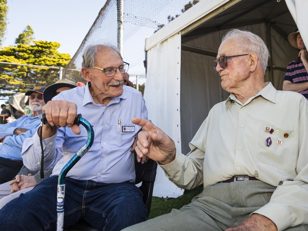 91-year-old Downlands First XV 1952 captain Kevin Farlow (right) chats with Garth Cocks who was a year below him at school as Downlands take on Grammar in the O'Callaghan Cup 2024. Picture: Kevin Farmer