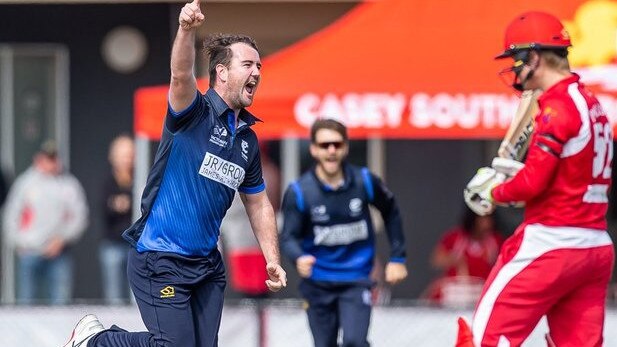 Matt Wilcox celebrates one of his four wickets. Pic: Arj Giese